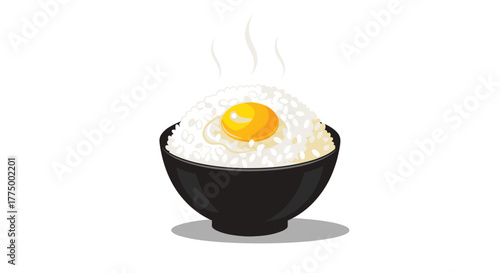 A simple, hot bowl of fluffy white rice topped with a perfectly cracked raw egg yolk and albumen, emitting steam.