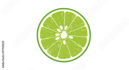 A fresh green lime slice, cut in half to reveal its juicy segments and a few seeds, presented cleanly on a white background.