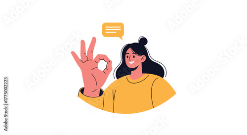 A happy cartoon woman makes an 'OK' gesture with her hand, indicating approval or a successful outcome, with a speech bubble.
