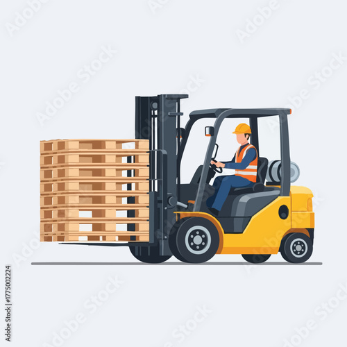 A yellow forklift transports wooden pallets, operated by a worker wearing a safety vest and helmet, in a warehouse setting.