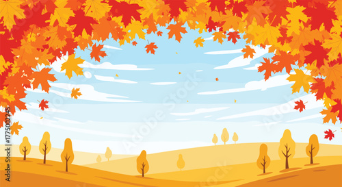 Vibrant autumn landscape featuring colorful maple leaves framing a serene blue sky, with golden rolling hills and sparse trees in the picturesque fall season.
