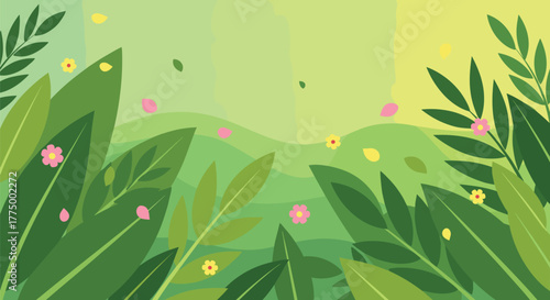 Lush green foliage with vibrant pink and yellow flowers and falling petals, creating a serene and breezy natural background perfect for spring or summer designs.