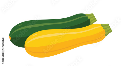 A vibrant illustration of two fresh zucchini, one green and one yellow, commonly known as courgettes, against a clean white background.