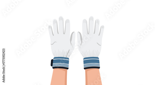 Two hands wearing white work gloves with blue striped cuffs are raised against a clean white background, showing the palms.