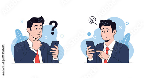 A businessman holds his smartphone, pondering a question on one side and appearing frustrated or confused by a problem on the other.