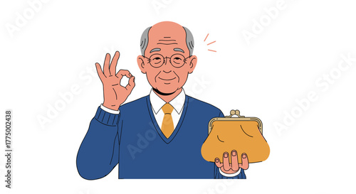Happy senior man with glasses making an OK gesture and holding a coin purse, representing financial satisfaction or a good deal.