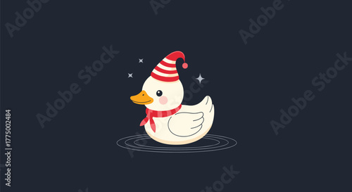 A festive cartoon duck wearing a red and white striped Santa hat and a matching scarf, happily floats in a calm pond under a starry night.