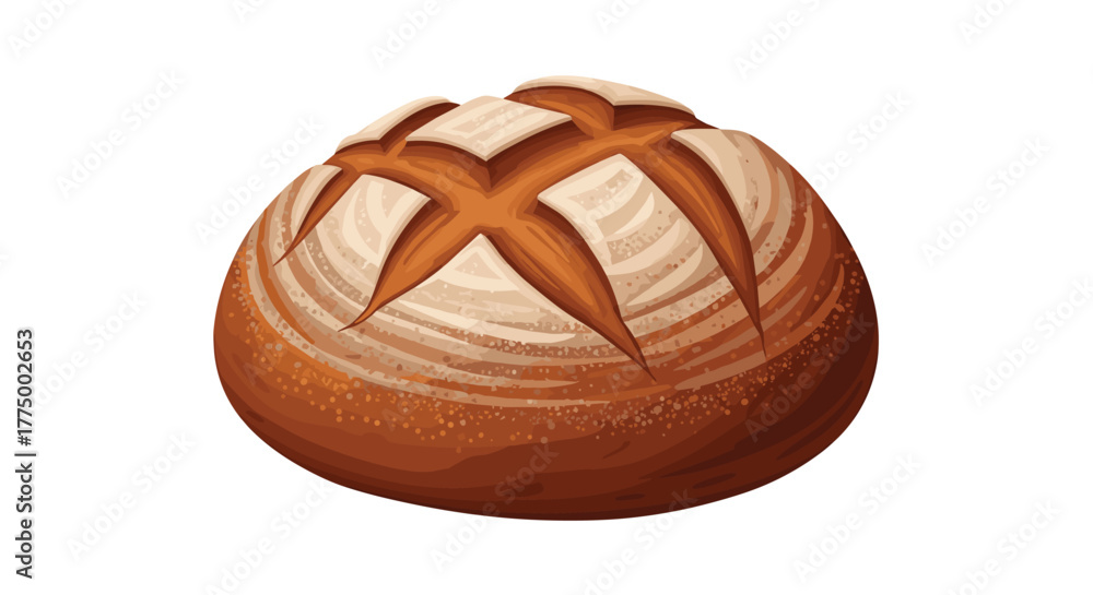 Obraz premium A freshly baked round artisan sourdough bread loaf with a decorative scored crust, ready to be sliced and enjoyed.