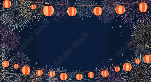Vibrant fireworks explode across a dark blue night sky, framed by strings of traditional orange paper lanterns, creating a festive background.