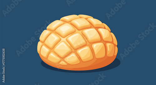 A stylized illustration of a delicious, freshly baked Japanese melon pan with a classic criss-cross cookie crust.