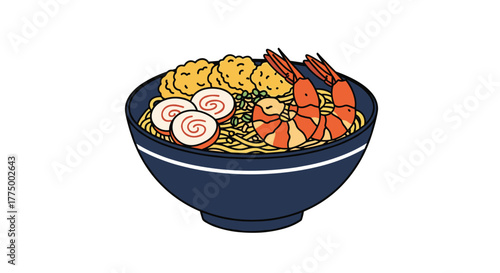 A delicious bowl of Japanese ramen noodles, beautifully presented with succulent shrimp, narutomaki, crispy fried items, and fresh green garnishes.