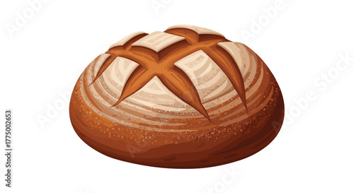 A freshly baked round artisan sourdough bread loaf with a decorative scored crust, ready to be sliced and enjoyed.