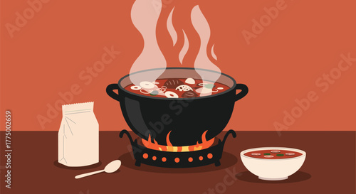 Delicious hot pot soup with sliced vegetables and meat cooking on a portable burner, ready to be served alongside a packet of ingredients.