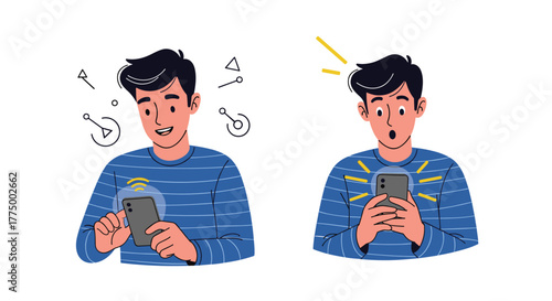 Young man happily interacts with his smartphone, then reacts with surprise to a captivating digital discovery or notification.