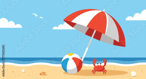 Sunny summer day on a sandy beach featuring a striped umbrella, a playful beach ball, and a cute crab with the ocean in the background.