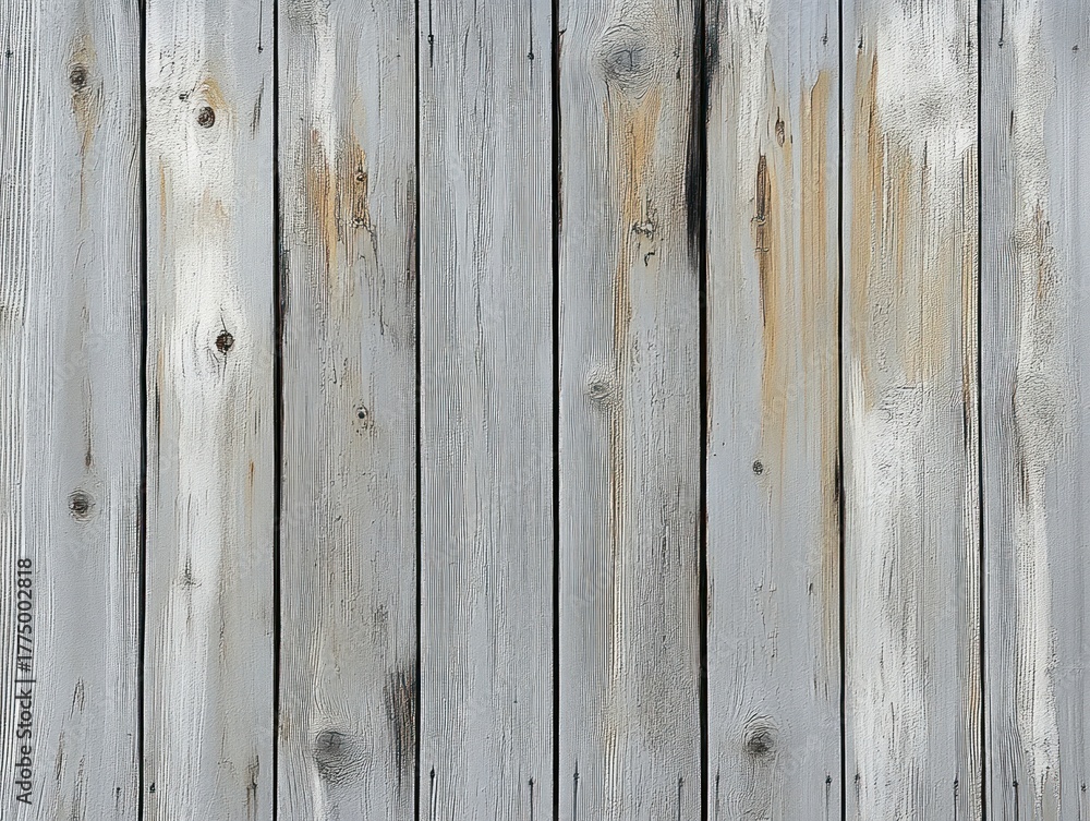 Obraz premium Close-up of weathered wooden planks with faded gray and light brown paint showing natural wood grain and knots