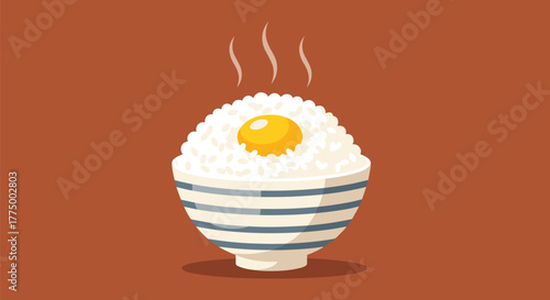 A minimalistic illustration of a steaming bowl of white rice topped with a vibrant raw egg yolk, served in a striped ceramic bowl on a simple background.