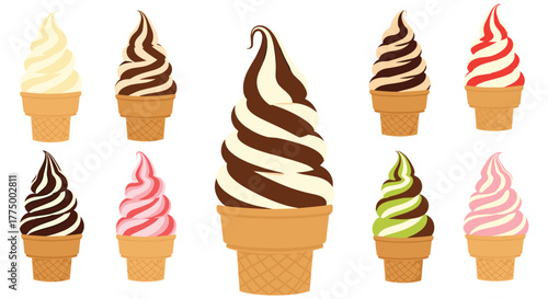 Assortment of soft-serve ice cream cones with various flavor combinations including vanilla, chocolate, strawberry, and matcha, on a white background.