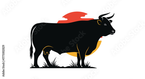 A graphic silhouette illustration of a black cow with horns and an udder standing on a patch of grass against a stylized red and orange sun or moon.