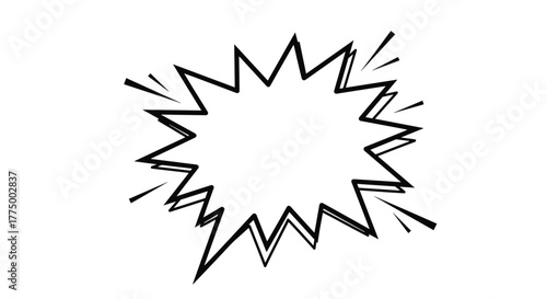 Dynamic black and white comic burst speech bubble with jagged edges and radiating lines, ideal for expressing sudden sounds or exclamations.