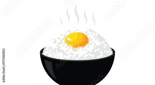 A steaming bowl of freshly cooked white rice topped with a vibrant raw egg yolk, presented in a simple black bowl.