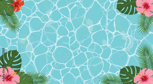 Top-down view of a clear blue water surface with sun reflections, framed by vibrant tropical leaves and hibiscus flowers, perfect for a summer theme.