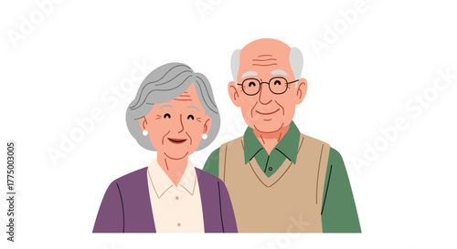 A cheerful senior couple, a man in glasses and a sweater vest next to a woman with grey hair and a purple cardigan, smiling happily.