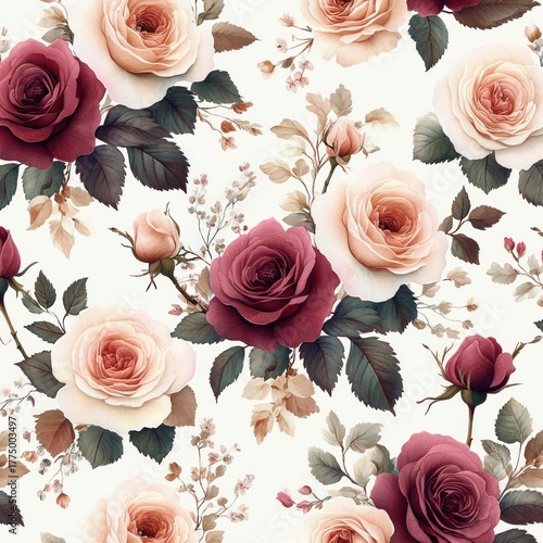 Fototapeta Naklejka Na Ścianę i Meble -  Seamless pattern of blooming and budding roses in soft cream and rich burgundy shades with green and brown leaves on a light background