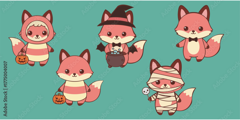 Obraz premium chibi fox cat mummy witch costume sticker set