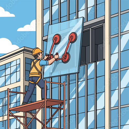A construction worker carefully installs a large glass window pane on a modern high-rise building, using specialized tools.
