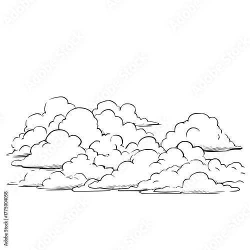 Clouds in a cartoon style with black outlines are layered together creating a dense and fluffy cloudscape