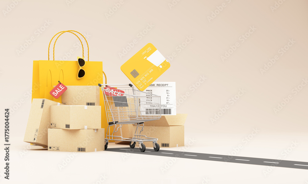 Obraz premium Shopping bags sale tag and shopping cart next to shipping boxes show the digital shopping world where buyers choose items on screen and receive them fast at home. 3d rendering.