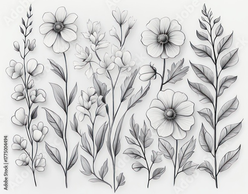 Elegant black and white botanical illustration featuring various flowers and leaves with detailed shading and delicate line work