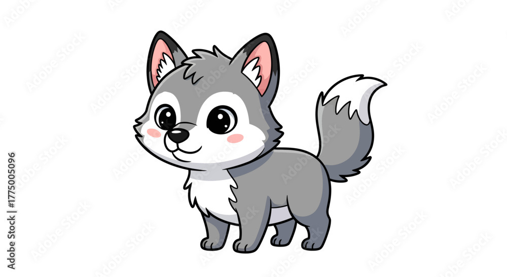 Obraz premium Adorable cartoon wolf cub with expressive eyes and soft fur in a playful pose