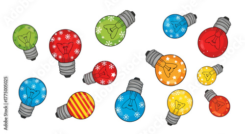 A playful holiday light display featuring festive bulbs with varied colors and designs