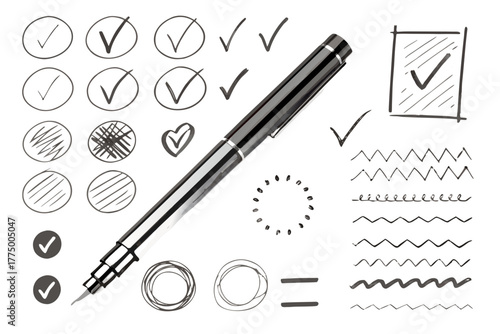 A pen for note taking and check mark doodles: A detailed pen is surrounded by check mark doodles, emphasizing a message of task management and note taking. 