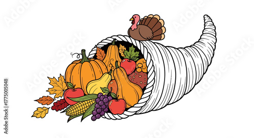 Abundant harvest horn illustration of thanksgiving featuring a cornucopia of autumn bounty