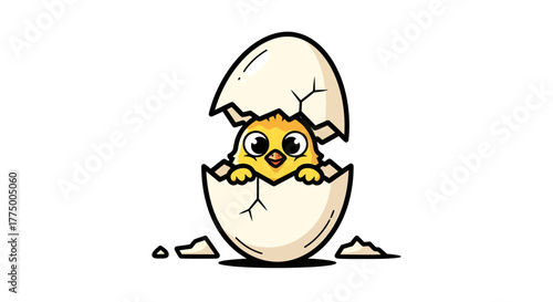 Adorable cartoon chick hatching from a cracked egg with a playful expression illustration