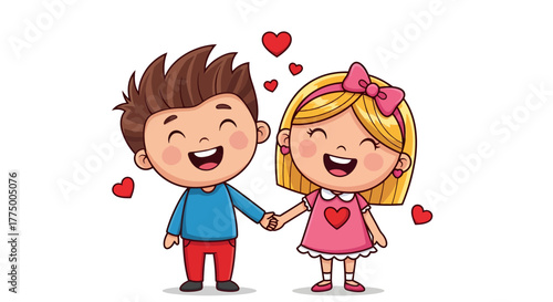 Adorable cartoon couple holding hands surrounded by floating hearts embodies youthful affection