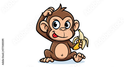 Adorable cartoon monkey with curious expression holding and peeling a banana ready to eat