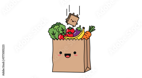 Animated grocery bag overflowing with fresh produce and a falling carton for healthy eating