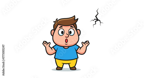 Astonished cartoon boy witnessing sudden wall crack, expressing surprise and concern about home