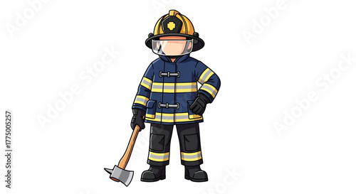 Brave cartoon firefighter standing with an axe, ready for emergency response and rescue operations