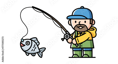 Cartoon angler reels in whimsical fish illustration suitable for children's books