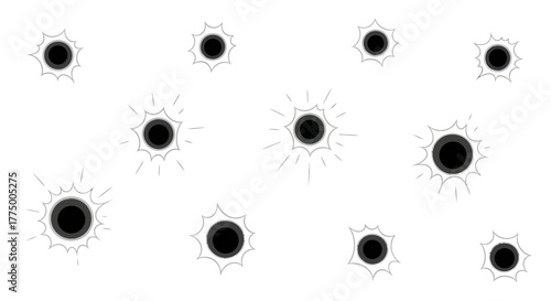 Bullet impact collection showcasing various simulated penetration marks on solid surface