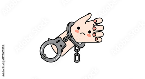Captivity and emotions, hand wearing handcuffs, expressing sadness, digital illustration of