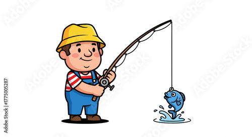 Cartoon angler happily catches a blue fish illustration on white background displaying summertime