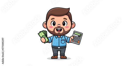 Cartoon Accountant Man Calculating Finance with Money and Calculator Illustration
