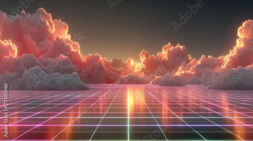 Dreamy retro sunset with glowing neon grid floor and vibrant pink clouds creating an ethereal, futuristic landscape for inspiration