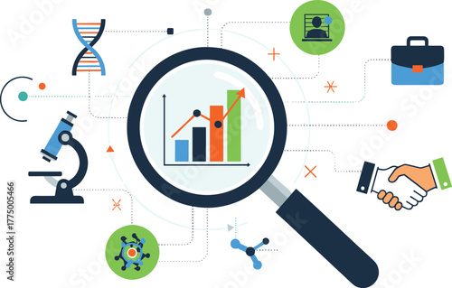 Scientific research and business growth analysis concept with magnifying glass, microscope, DNA, data chart, and innovation teamwork illustration